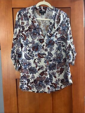 Liz Claiborne Cream Blouse with Navy and Rust Floral Print